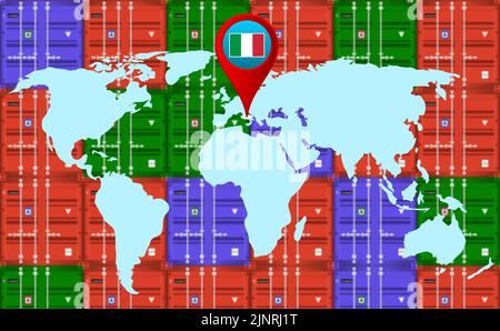 Importation exportation entreprise en Italie isolé sur le flou conteneur de cargaison arrière-plan carte du monde emplacement. Banque D'Images