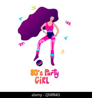 Soirée disco 70s 80s. Femme danse rétro soirée poster. Mode aérobie Illustration de Vecteur