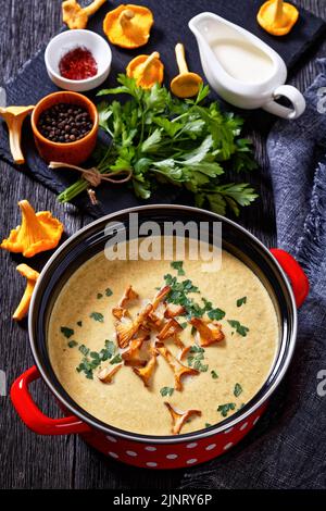 Kanttarellikeitto, soupe finlandaise Chanterelle en pot rouge sur table en bois sombre avec ingrédients sur fond, vue verticale depuis le dessus, Banque D'Images