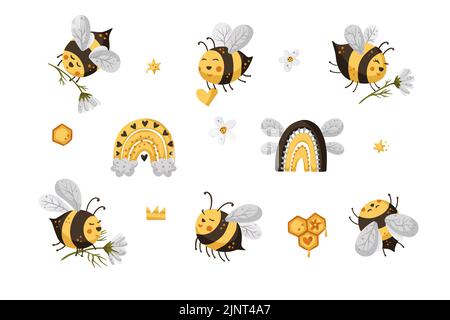Mignon abeille et arc-en-ciel dessin animé drôle ensemble de vecteur. Joyeux drôle adorables personnages abeilles Illustration de Vecteur