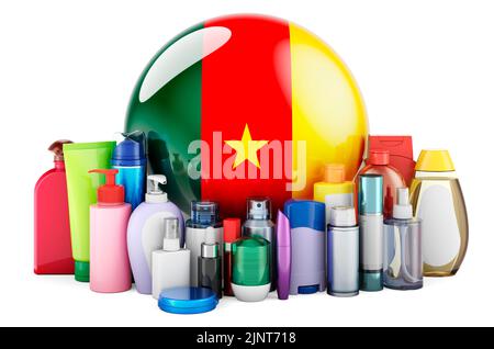 Drapeau camerounais avec bouteilles cosmétiques, produits de soins pour les cheveux, le visage et le corps. 3D rendu isolé sur fond blanc Banque D'Images