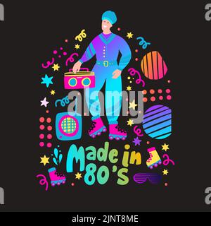 Fabriqué en 80s. Soirée disco 70s 80s. Affiche de soirée rétro de danse de boombox d'homme. Mode club de musique rétro Illustration de Vecteur