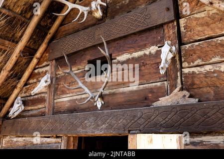 WOLIN, POLOGNE - 6 AOÛT 2022 : XXVII Festival des Slaves et des Vikings, crânes d'animaux à cornes décorant une hutte viking Banque D'Images