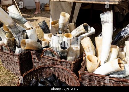 WOLIN, POLOGNE - 6 AOÛT 2022 : XXVII Festival des Slaves et des Vikings, mugs en cornes Banque D'Images