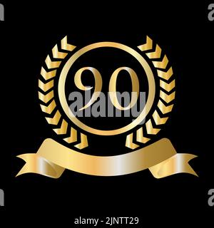 Modèle or et noir de célébration de l'anniversaire 90th. Style de luxe or Heraldic Crest logo élément Vintage Laurel Vector Illustration de Vecteur