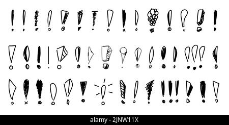 Ensemble de points d'exclamation dessinés à la main. Crayon et encre divers points d'exclamation dispersés. Esquisses de signe de ponctuation, illustration vectorielle sur W Illustration de Vecteur