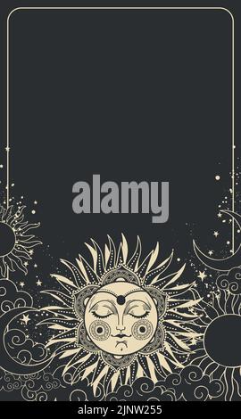 Vintage boho nuit ciel fond avec lune dorée avec visage et rayons, astrologie et cadre d'horoscope, poster de tarot. Illustration vectorielle dessinée à la main Illustration de Vecteur