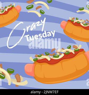 Mardi fou, hot dogs avec sauce et fromage Illustration de Vecteur