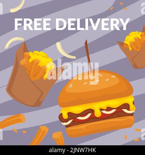 Livraison gratuite de fast-food, hamburgers et pommes de terre Illustration de Vecteur