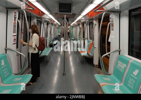 UNE FEMME SOLITAIRE À L'INTÉRIEUR DE LA VOITURE DE MÉTRO Banque D'Images