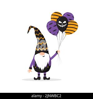 Gnome d'Halloween. Joli nain scandinave avec ballons. Les nains célèbrent une nuit effrayante. Bonne affiche de vacances. Illustration vectorielle de style dessin animé plat Illustration de Vecteur