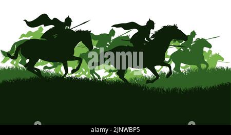 Les Chevaliers sautent. Champ de bataille de la campagne des prairies. Silhouette de paysage. Les guerriers médiévaux aux aux aux lances et en armure sont à cheval. Objet isolé sur wh Illustration de Vecteur