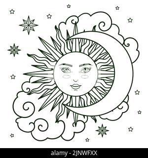 Soleil et lune dans le ciel. Dessin à la main linéaire noir et blanc. Vecteur Illustration de Vecteur