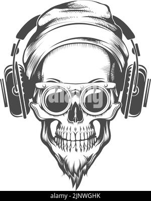 Tatouage de crâne avec barbe dans des lunettes et des écouteurs Beanie. Illustration vectorielle dans le style de gravure Illustration de Vecteur