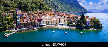 Un des plus beaux lacs d'Italie - Lago di Como. Vue panoramique aérienne du magnifique village de Varenna, attraction touristique populaire Banque D'Images