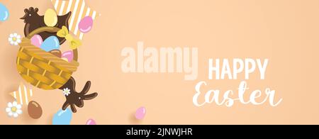 Panier en osier avec œufs de pâques au chocolat, poulet au chocolat et lapin. Modèle de bannière joyeuses pâques au printemps. Illustration de Vecteur
