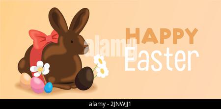 Lapin de pâques au chocolat avec banderole d'illustration vectorielle aux œufs de pâques et fleurs décoratives. Modèle d'affiche de Pâques printanière. Illustration de Vecteur