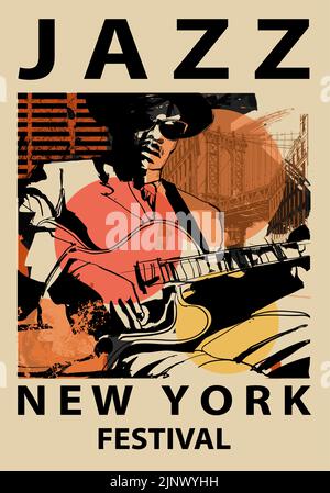 Affiche jazz avec guitariste à New York, Brooklyn - illustration vectorielle (idéale pour l'impression, l'affiche ou le papier peint, la décoration de la maison) Illustration de Vecteur