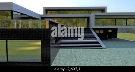 Design conceptuel d'une villa futuriste. Pierres blocs de granit naturel. Escalier large en béton. Balustrade en verre sur la terrasse de la protornaya. 3d rendu. Banque D'Images