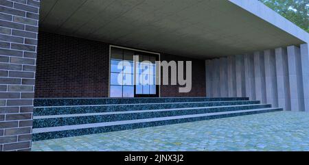 Option design pour l'entrée d'une maison moderne. Décoration en béton du porche. Décoration murale en brique rouge. Portes battantes réfléchissantes. 3d rendu Banque D'Images