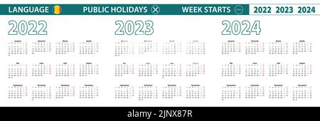 Modèle de calendrier simple en roumain pour 2022, 2023, 2024 ans. La semaine commence le lundi. Illustration vectorielle. Illustration de Vecteur