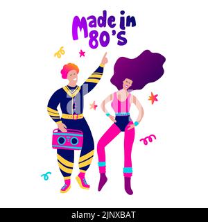 Fabriqué en 80s. Soirée disco 70s 80s. Homme femme boombox danse rétro soirée fête affiche. Mode club de musique rétro Illustration de Vecteur