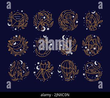 Jeu d'icônes du logo Magic. Boho bohème astronomie alchimie design. Main lune star art Illustration de Vecteur