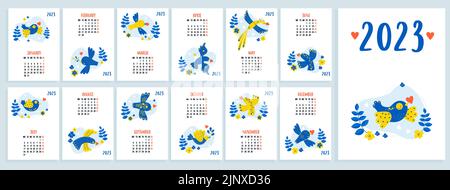 Modèle de calendrier pour 2023 avec des oiseaux décoratifs jaune-bleu de bonheur avec des coeurs et des fleurs. Jeu vertical de 12 pages et couverture en anglais Illustration de Vecteur