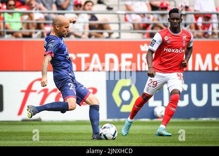 Reims, France. 14th août 2022. Johan GASTIEN de Clermont et Folarin BALOGUN de Reims pendant le championnat français Ligue 1 football match entre Stade de Reims et Clermont foot 63 sur 14 août 2022 au stade Auguste Delaune de Reims, France - photo Matthieu Mirville/DPPI crédit: DPPI Media/Alay Live News Banque D'Images