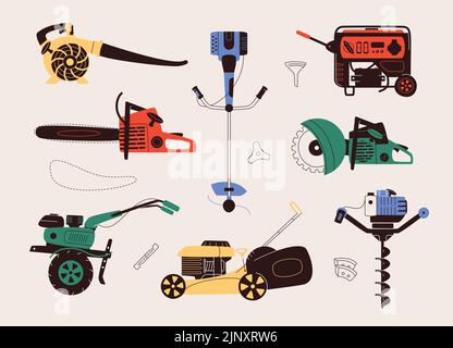 Illustration vectorielle plate des outils à main à essence. Le kit comprend des icônes de souffleur à feuilles, de tronçonneuse, de tracteur sans cabine, de coupe-broussailles et de tondeuse à gazon Illustration de Vecteur