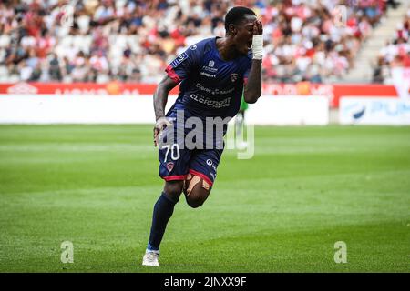 Reims, France, France. 14th août 2022. Muhammed CHAM de Clermont célèbre son but lors du match de Ligue 1 entre le Stade de Reims et Clermont foot 63 au stade Auguste Delaune sur 14 août 2022 à Reims, France. (Image de crédit : © Matthieu Mirville/ZUMA Press Wire) Banque D'Images