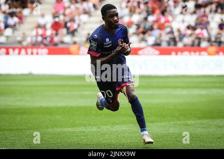 Reims, France, France. 14th août 2022. Muhammed CHAM de Clermont célèbre son but lors du match de Ligue 1 entre le Stade de Reims et Clermont foot 63 au stade Auguste Delaune sur 14 août 2022 à Reims, France. (Image de crédit : © Matthieu Mirville/ZUMA Press Wire) Banque D'Images