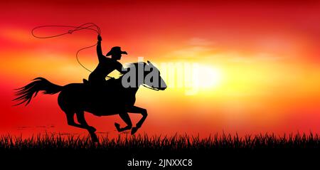 Un homme à cheval. Cowboy avec un lasso dans ses mains. Un cheval pilote gallent sur la toile de fond d'un coucher de soleil. Illustration de Vecteur