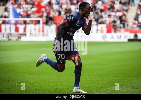 Reims, France, France. 14th août 2022. Muhammed CHAM de Clermont célèbre son but lors du match de Ligue 1 entre le Stade de Reims et Clermont foot 63 au stade Auguste Delaune sur 14 août 2022 à Reims, France. (Image de crédit : © Matthieu Mirville/ZUMA Press Wire) Banque D'Images