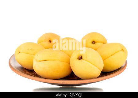 Plusieurs abricots jaune vif juteux d'ananas dans une poterie, macro, isolés sur un fond blanc. Banque D'Images