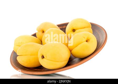 Plusieurs abricots jaune vif juteux d'ananas dans une poterie, macro, isolés sur un fond blanc. Banque D'Images