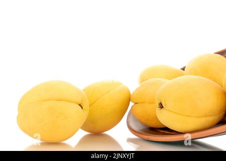 Plusieurs abricots jaune vif juteux d'ananas dans une poterie, macro, isolés sur un fond blanc. Banque D'Images