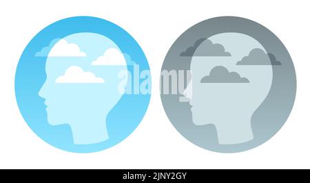 Silhouette de la tête avec ciel bleu et nuages de tempête sombres. Concept de gestion de la pleine conscience et du stress, illustration vectorielle. Illustration de Vecteur