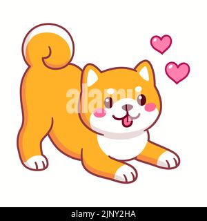 Joli dessin animé Shiba Inu dans une posture ludique avec les coeurs. Langage corporel de chien excité. Illustration amusante de clip d'art vectoriel. Illustration de Vecteur
