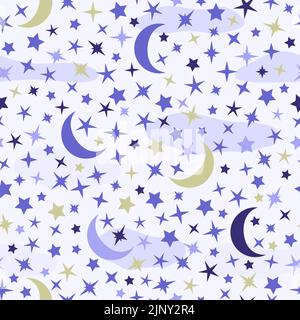 Papier peint pour la pépinière d'étoiles colorées avec lune, nuages. Motif sans couture avec étoile et lune dans le ciel. COSMOS étoiles arrière-plan pour les enfants, les enfants, Illustration de Vecteur