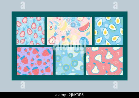 Collection de quatre affiches de fruits colorées. Éléments mignons et bien dessinés dans des couleurs pastel. Idéal pour les poscards, les tirages, les réseaux sociaux ou les modèles Illustration de Vecteur