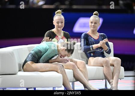 La gymnaste belge Lisa Vaelen célèbre lors de la finale de la voûte féminine à la finale de l'appareil féminin des Championnats d'Europe de gymnastique artistique Munich 2022, à Munich, en Allemagne, le dimanche 14 août 2022. La deuxième édition des Championnats d'Europe a lieu du 11 au 22 août et comporte neuf sports. BELGA PHOTO ERIC LALMAND Banque D'Images