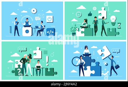Coopération et travail d'équipe des gens d'affaires. Un homme d'affaires de dessin animé bâtissant un partenariat et une unité avec une équipe d'employés, un flux de travail avec une illustration vectorielle plate de puzzle. Concept de défi Illustration de Vecteur