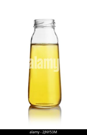 Bouteille en verre d'huile végétale isolée sur blanc. Vue avant. Banque D'Images