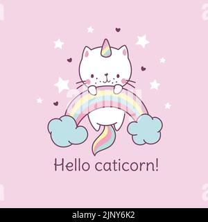 Affiche de Caticorne. licorne de chat sur arc-en-ciel, t-shirt kitten fée à imprimé kawaii. Mignon drôle personnage magique, doux bébé animal nowaday vecteur arrière-plan Illustration de Vecteur