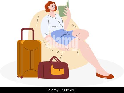 Une fille attend le transport à l'aéroport, à l'arrêt de bus ou à la gare. Jolie femme assise dans une chaise confortable et livre de lecture avec bagages. Vecteur jeune voyageur Illustration de Vecteur