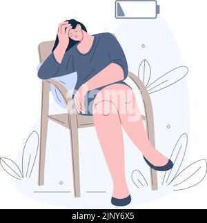 Fille épuisée avec batterie basse énergie assise sur la chaise. Femme de bureau fatiguée, fatigue tristesse ou frustration. Vecteur de kicky étudiant ou femme d'affaires Illustration de Vecteur