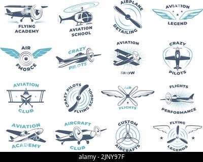 Aviateurs. Avions ailes et hélices badges stylisés avec place pour texte exact vecteur collection de logotypes d'affaires Illustration de Vecteur