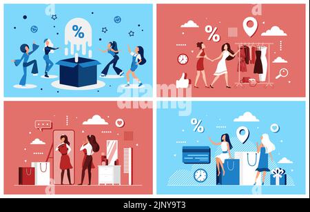 Vente de mode, shopping avec remise pour shopaholic filles ensemble. Les petites clientes achètent des vêtements dans un magasin de détail, les acheteurs sautent près de la boîte surprise illustration vectorielle plate. Point de vente, concept publicitaire Illustration de Vecteur