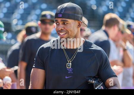 13 août 2022 : Wynton Bernard, le péroné du centre du Colorado (36) pendant la pratique de la batte avec les diamants de l'Arizona et les Rocheuses du Colorado, qui se sont tenus à Coors Field, à Denver Co. David Seelig/Cal Sport Medi Banque D'Images